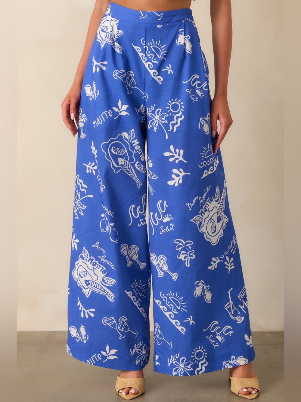 NWT Prosperina Nina Royal Blue Mojito Print Linen Wide Leg Pants M